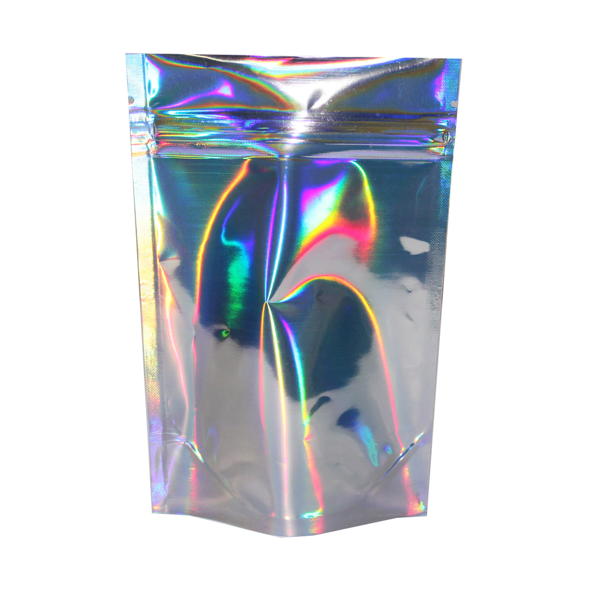 Custom logo plastic holographic cosmetic bag stand up pouch with zipper