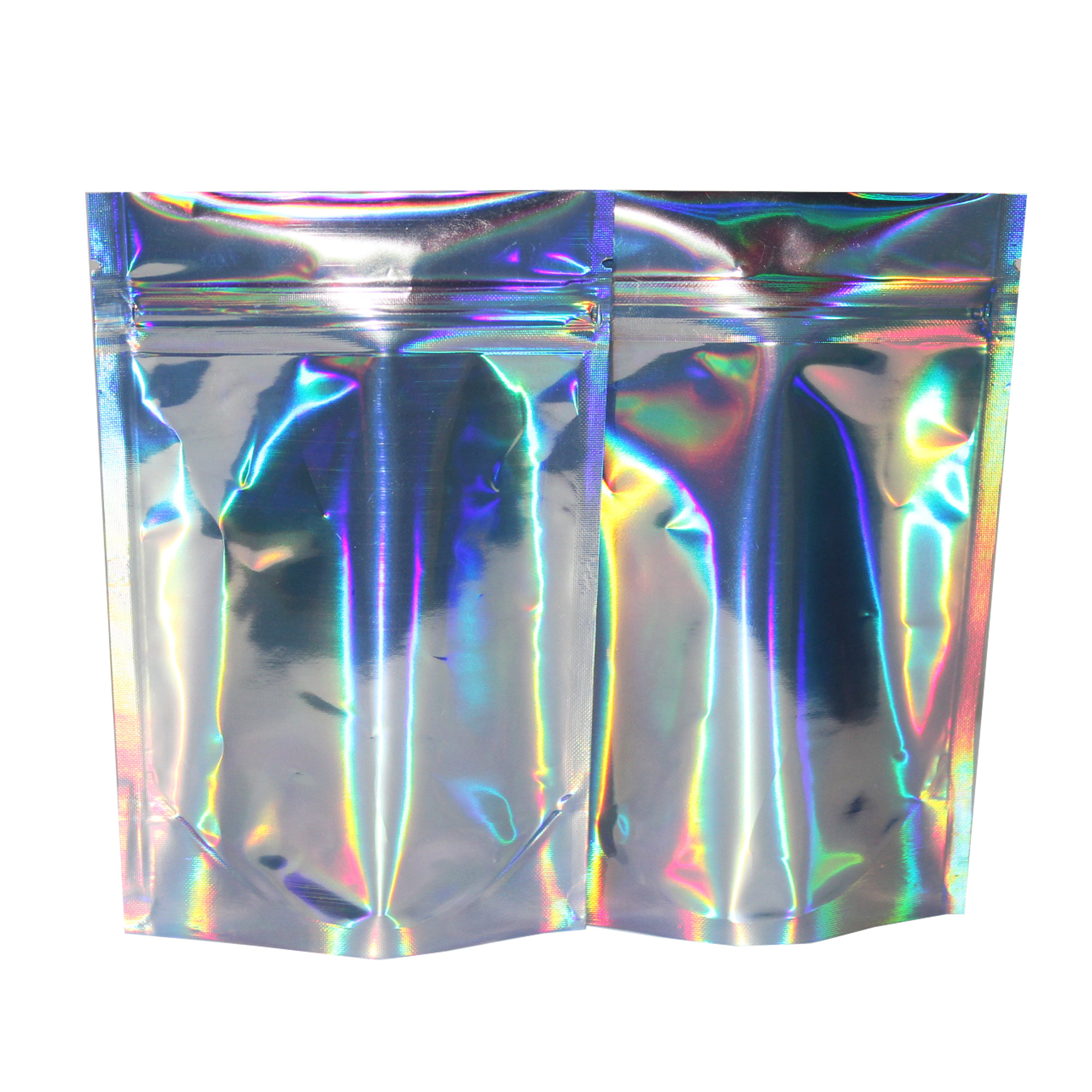 Custom logo plastic holographic cosmetic bag stand up pouch with zipper