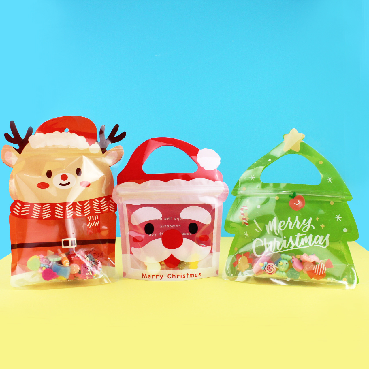 Custom plastic bags Christmas Theme elk tree Shaped Gift Packaging Candy Biscuits snack pouch Stand up zipper Bag for food