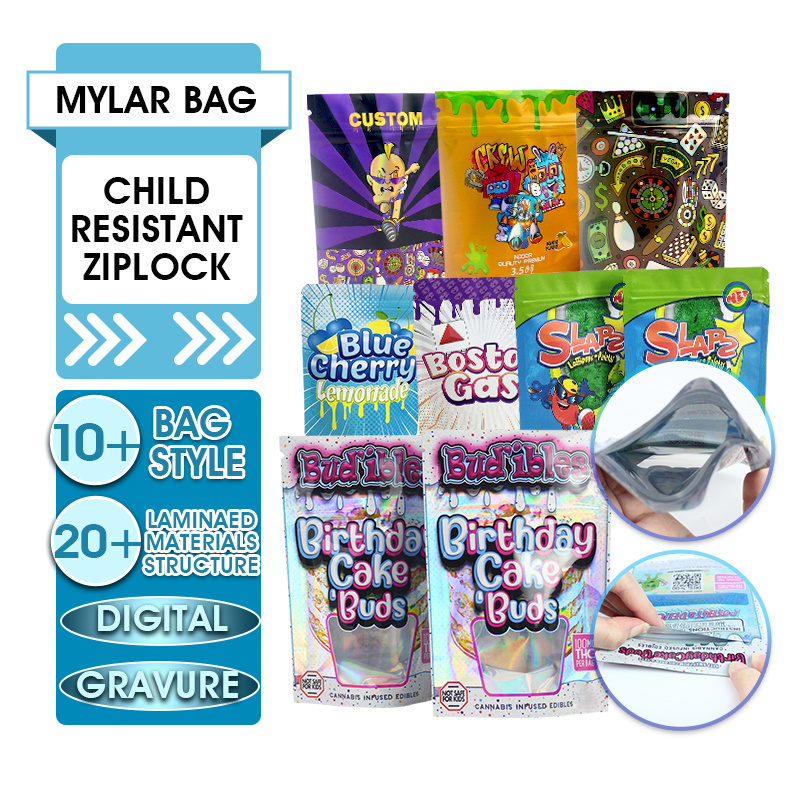 Custom Printed 3.5g 7g Baggies Aluminized Foil Child Resistant Cookie Plastic Packaging ZipLock Mylar Bags