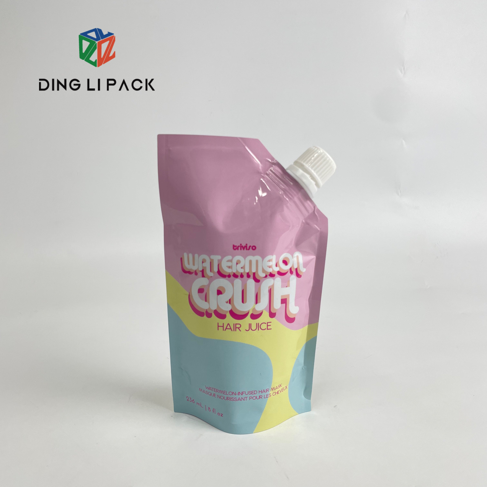 Custom Printed corner stand up spout custom shaped bag pouch for hair shampoo with custom spout food grade