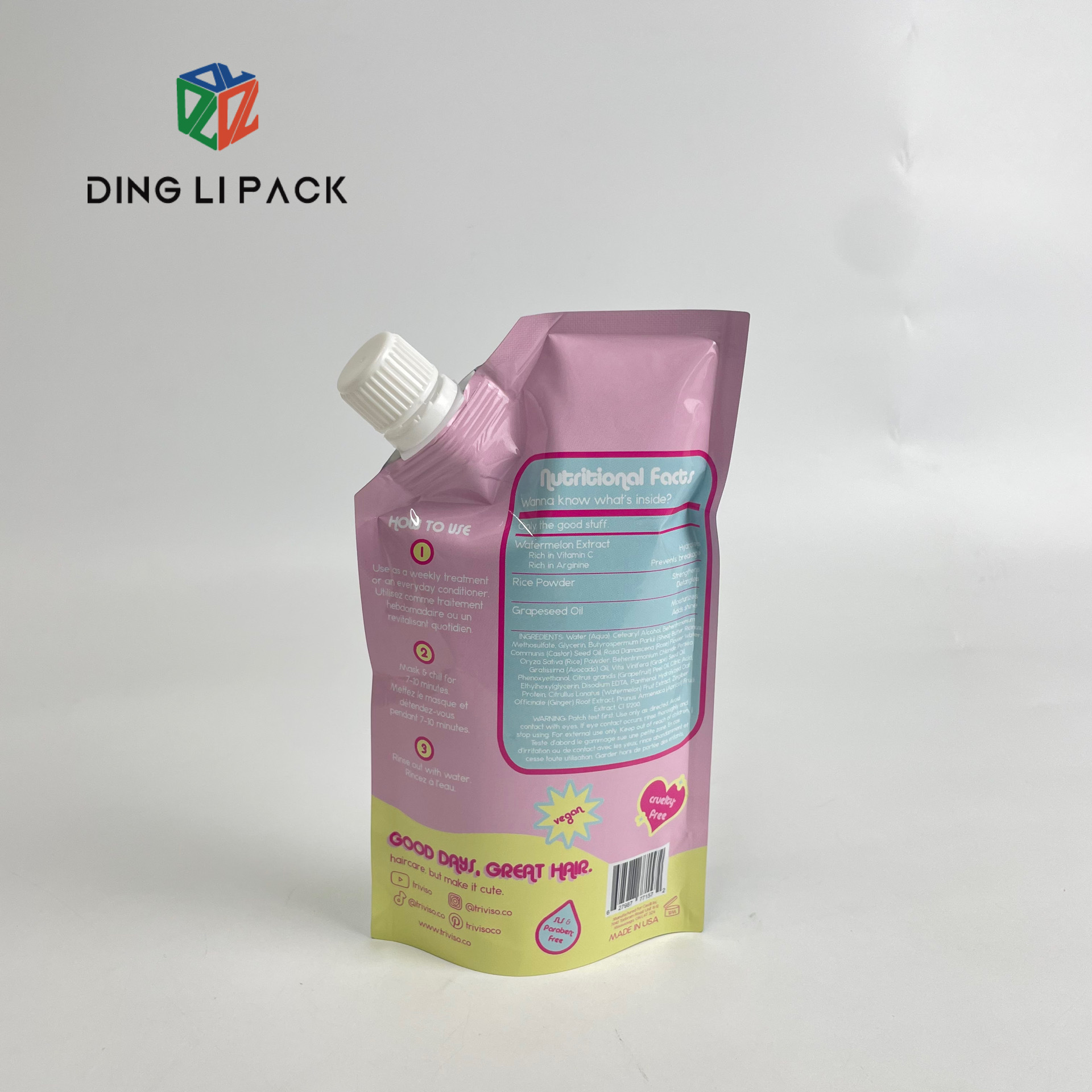 Custom Printed corner stand up spout custom shaped bag pouch for hair shampoo with custom spout food grade