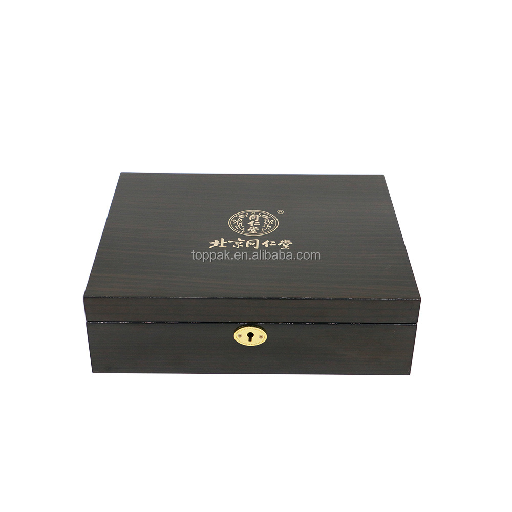 Best selling Ebony wood high glossy lacquering finish acrylic tray health care products packaging wood box