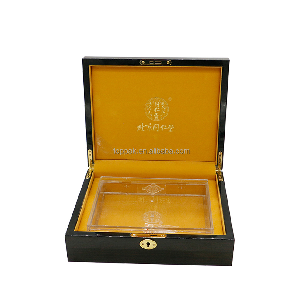 Best selling Ebony wood high glossy lacquering finish acrylic tray health care products packaging wood box