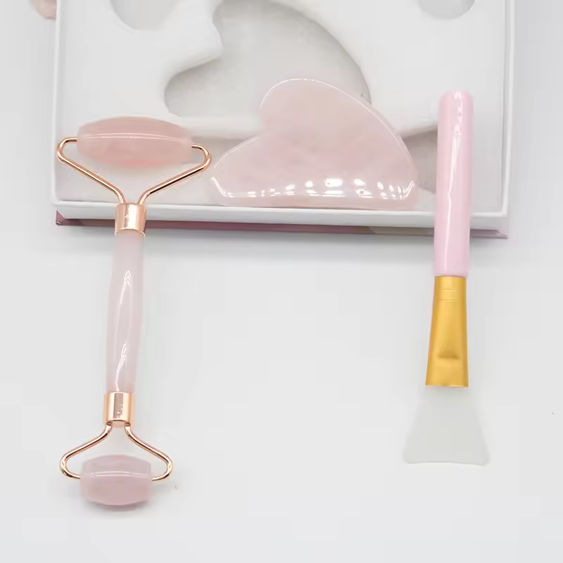 2024 New Arrival Hot Sale 100% Natural Jade Anti Aging Pink Rose Quartz Roller Gua Sha And Brush Set With Box