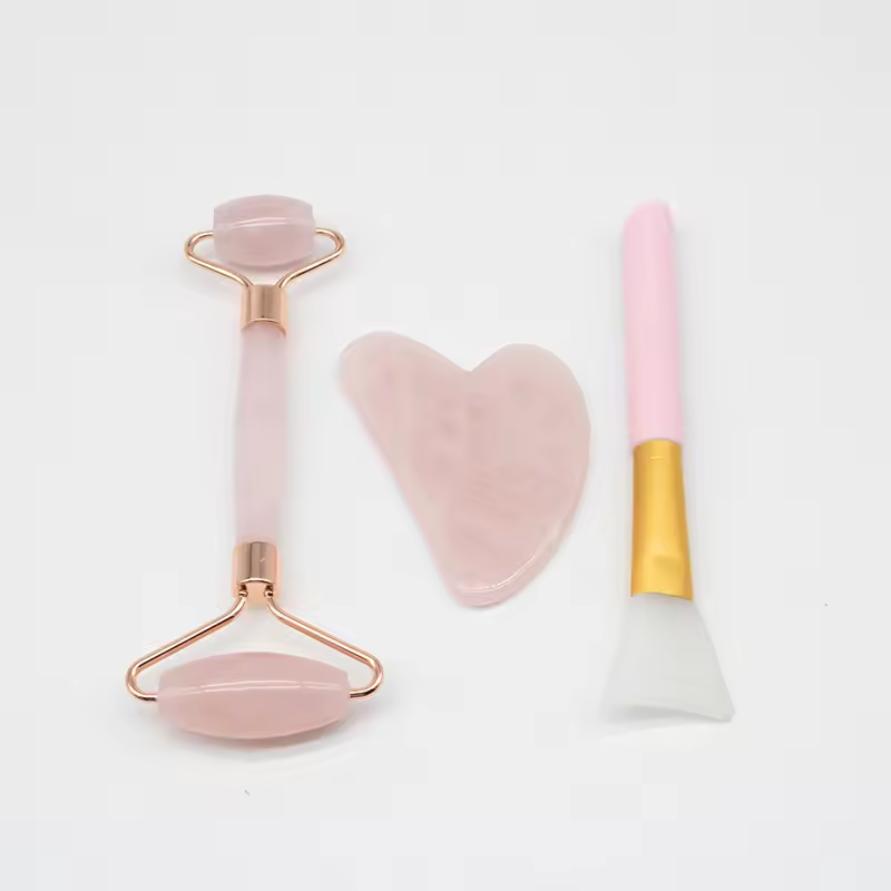 2024 New Arrival Hot Sale 100% Natural Jade Anti Aging Pink Rose Quartz Roller Gua Sha And Brush Set With Box