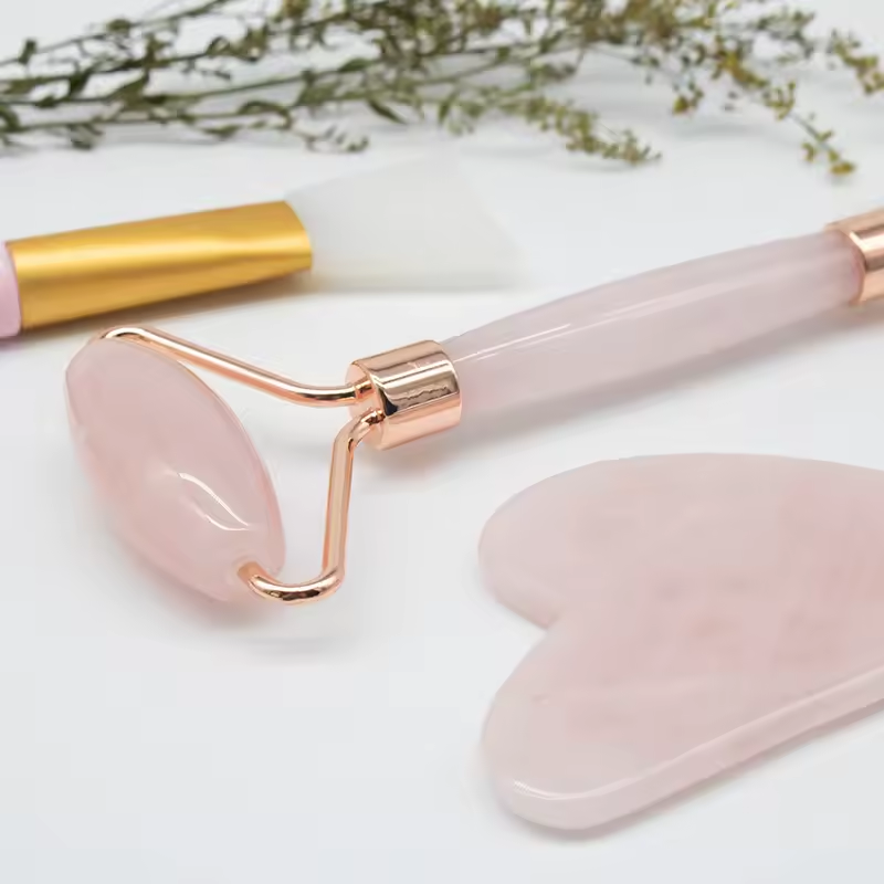 2024 New Arrival Hot Sale 100% Natural Jade Anti Aging Pink Rose Quartz Roller Gua Sha And Brush Set With Box