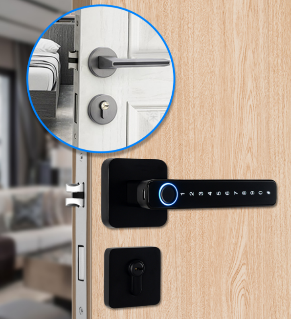 Aluminium Black Silver Bluetooth smart  lever door lock  Tuya app  TTlock Wooden Digital Smart Fingerprint Biometric door lock