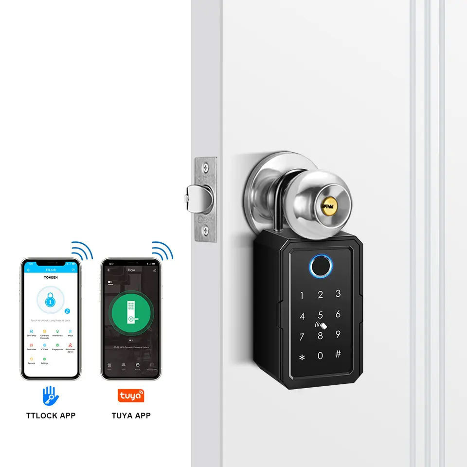 TOPTEQ Outdoor Wall Mount Smart Key Safe Box, Digital Key Card WiFi App Fingerprint Smart key lock box