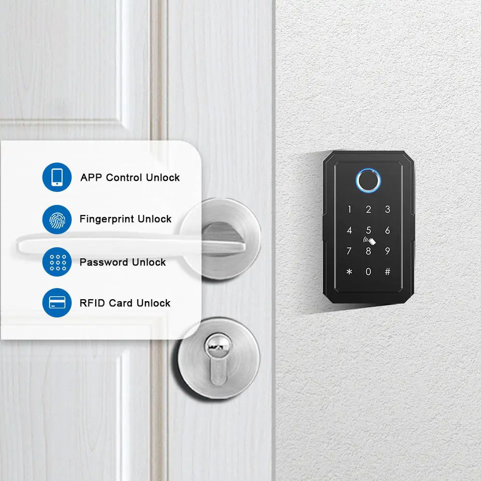 TOPTEQ Outdoor Wall Mount Smart Key Safe Box, Digital Key Card WiFi App Fingerprint Smart key lock box