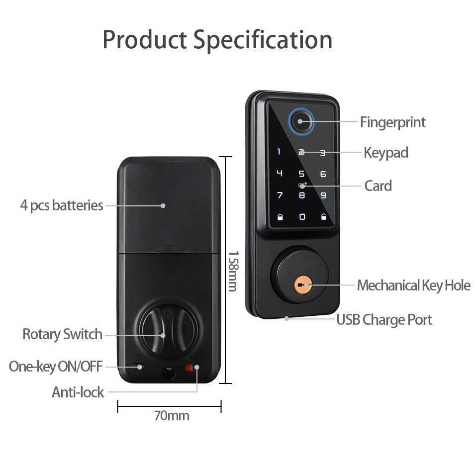 TOPTEQ A1 New Deadbolt Lock Keyless Entry Tuya TTlock Deadbolt Lock Touch Digital Keypad Electronic Deadbolt Lock