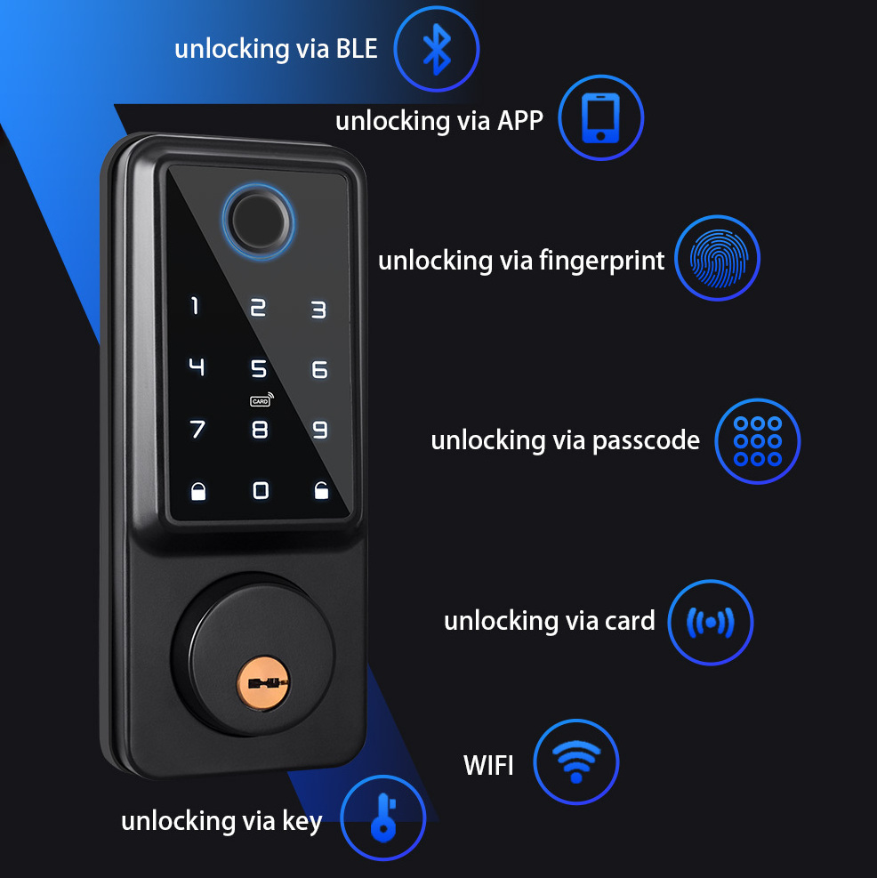 Topteq 2023 Digital Tuya BLE Wifi Ttlock Fingerprint Smart Deadbolt Lock Without Handle