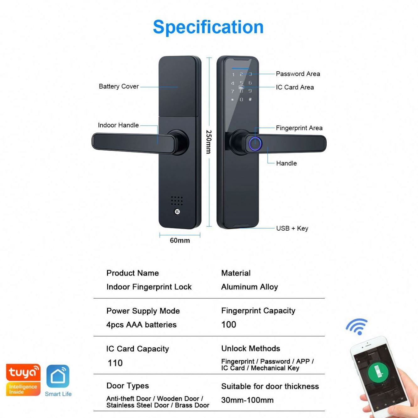 Smart Fingerprint Handle Door Lock  With Tuya Ttlock App Remote Control Smart Life For Hotel Home Electronic Digital Lock