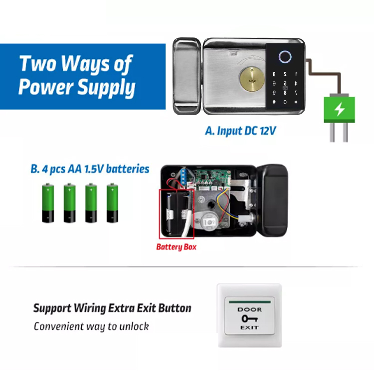 Topteq 2023 Intelligent Double Side Fingerprint Tuya Ttlock App Smart Rim Lock For Exterior Door