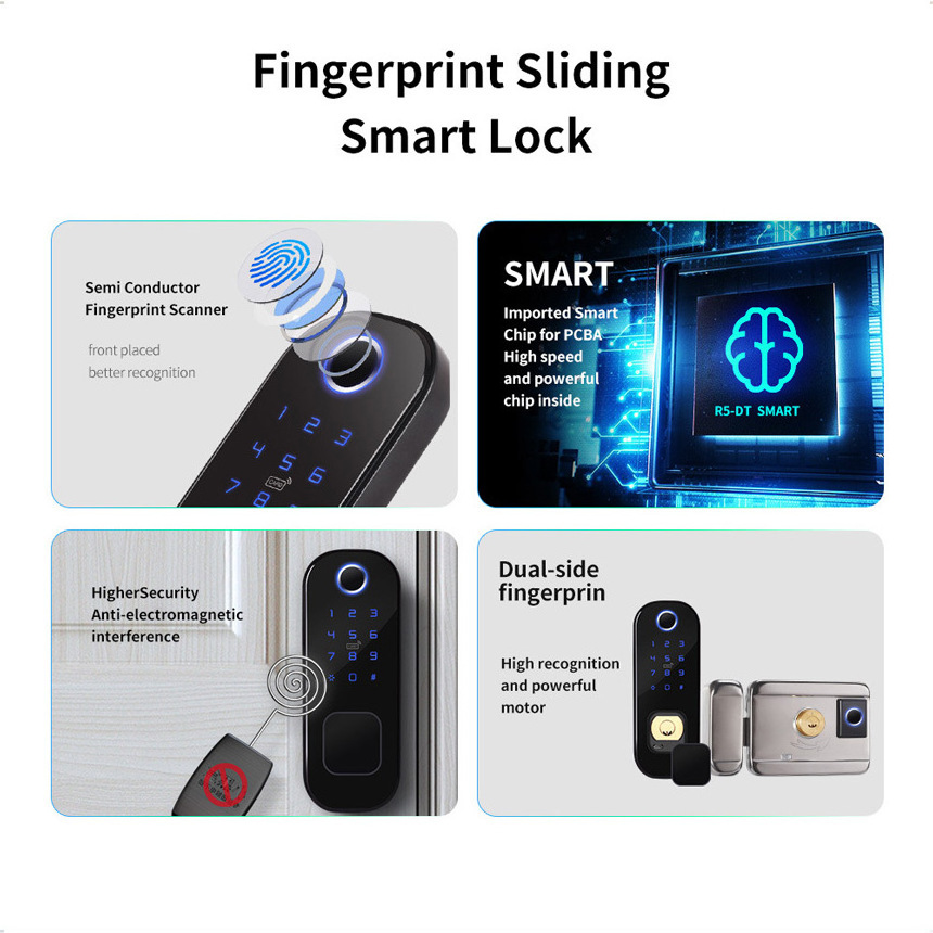 Topteq Intelligent Waterproof Double Side Fingerprint Tuya Ttlock Smart Rim Lock For Exterior Door