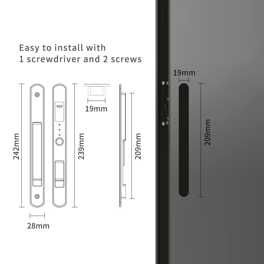 2023 New Design Smart Window Hardware Accessories Aluminum Sliding Glass Door Fingerprint Slim Security Lock for Tuya App