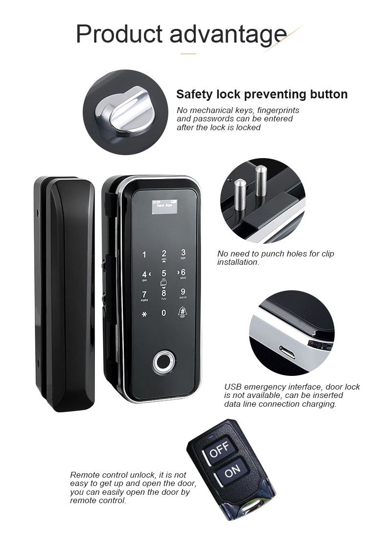 Smart Glass Door Lock No Drill Frameless Glass Electric Door Lock Fingerprint App Card key Glass Lock For Sliding Door