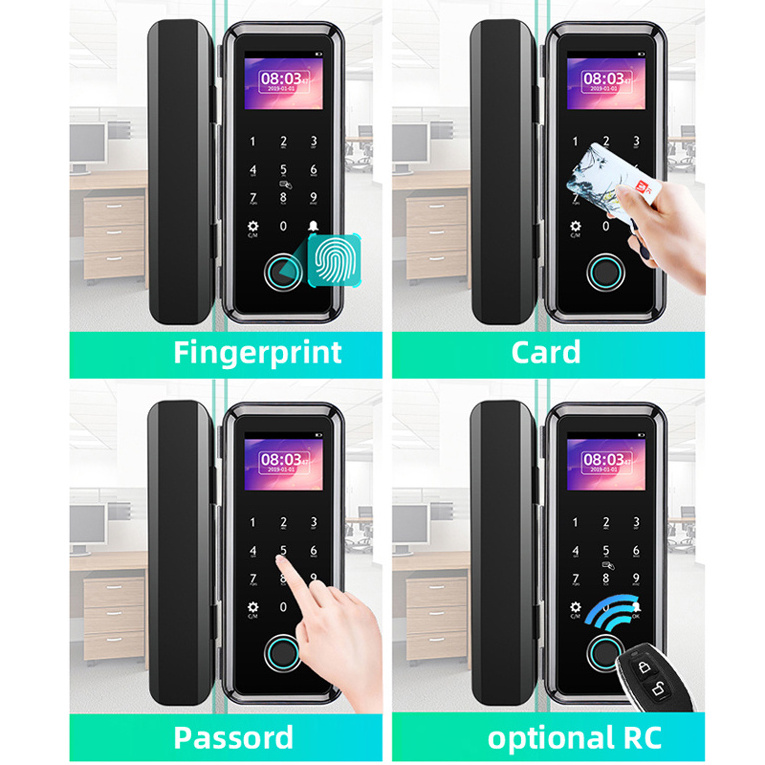 Smart Glass Door Lock With Strike Plate No Drilling Install HD Screen Glass Lock Smart Fingerprint App Password