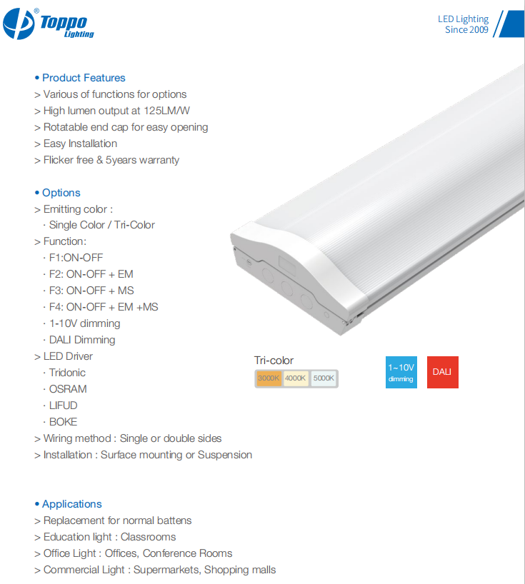 Toppo 36W AC200-240V aluminum160LM/W triproof batten tube light led batten light 4 ft linear batten lights for industrial