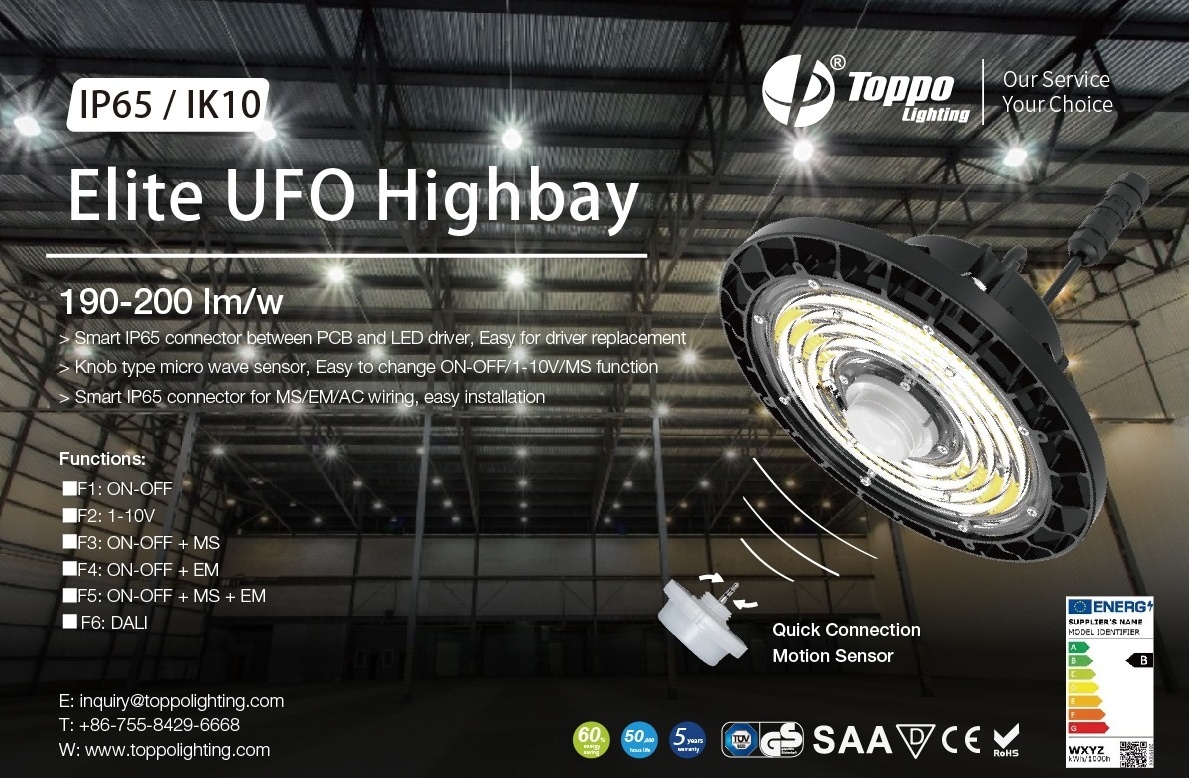 Toppo Tri-color 190 LM/W on off Emergency 5 years warranty IP65  honeycomb led light ufo led high bay light  garage led lights