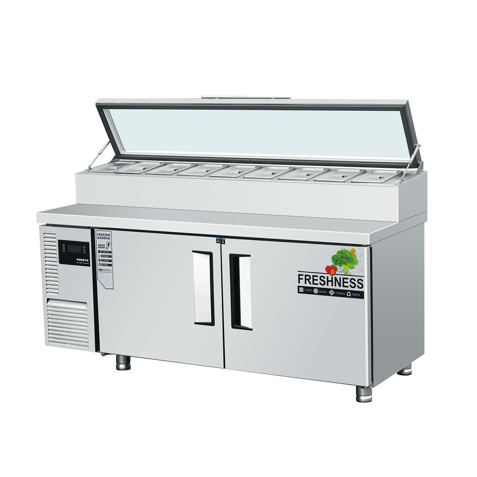 Commercial restaurant workbench fridge 1800 mm length work table two door pizza prep counter salad bar table