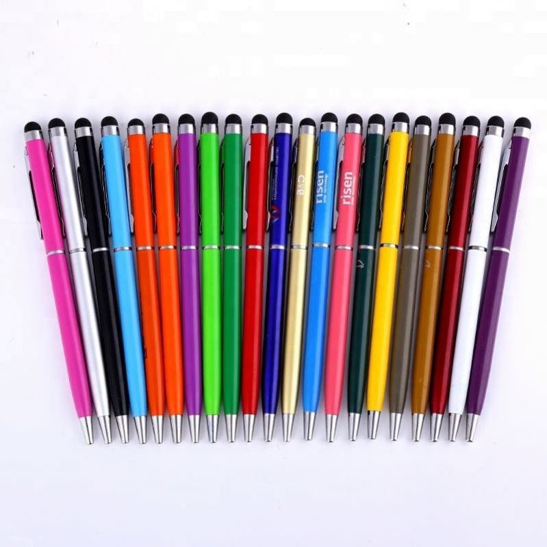 Personalized metallic colored custom logo twist stylus ball pen premium top rubber touch screen ballpoint pen for mobile phone