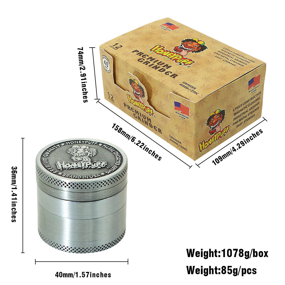 HONEYPUFF Engraved Zinc Alloy  40*35 MM Metal Smoking Herb Grinder 3 Layers Tobacco Grinder Smoking