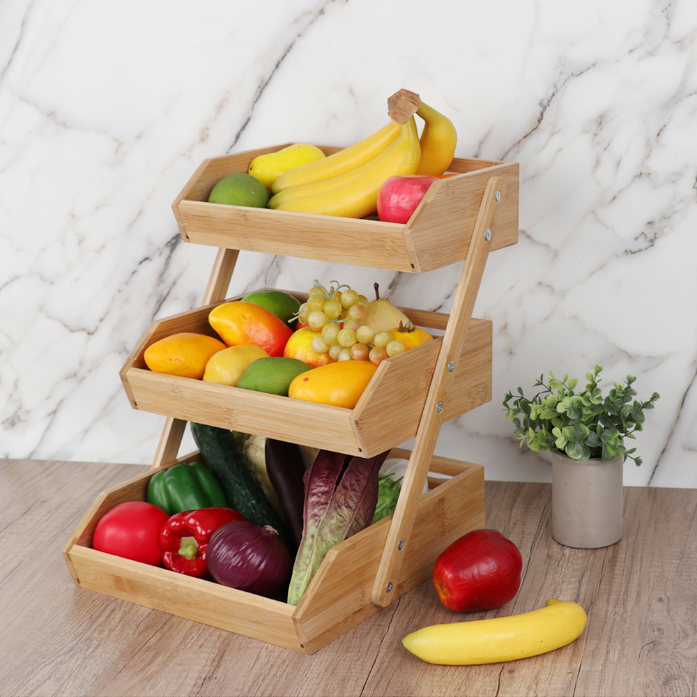 3 Tier  Free-Standing Bamboo Kitchen Organizer Fruit Basket Vegetable Rack Holder