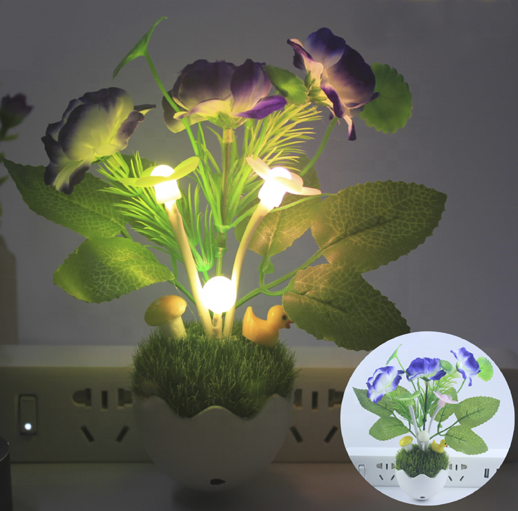 Mini Mushroom Flower Shape Sensor LED Wall Night Lamp Room Decoration Potted Plant Plug in LED Night Light