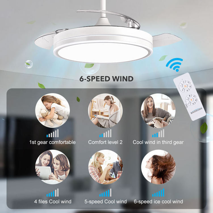 Modern Remote Control Living Room Bedroom Decoration Retractable Invisible Blade Led Ceiling Fan With Light