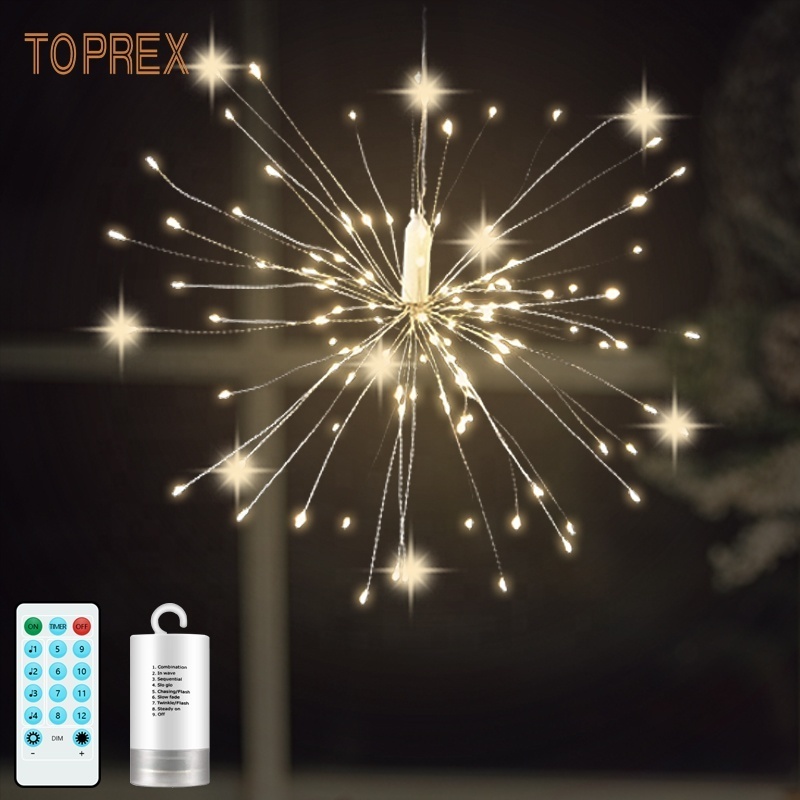 120 Led Remote Firework Light Battery Powered Christmas Led Hanging Starburst Copper Wire Holiday Decorative Lights