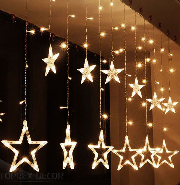 Ramadan Home Decor Waterproof Star and Moon Lights with IP65 Rating Warm White White Emitting LED Curtain Star for Christmas