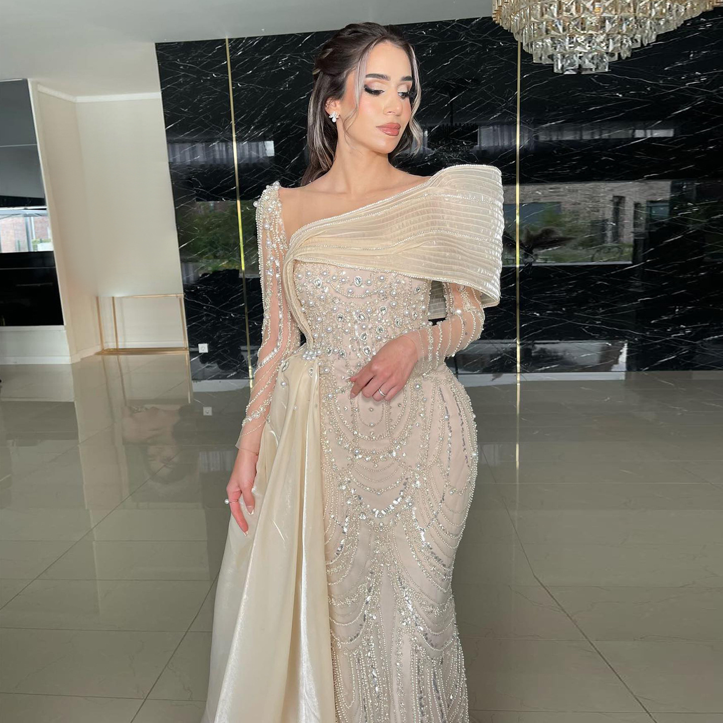 Luxury Nude Crystal Mermaid Evening Dress with Overskirt Long Sleeves Dubai Arabic Wedding Formal Prom Gowns SZ256-2