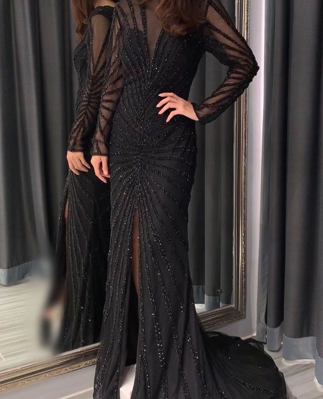 Luxury Black Mermaid Long Sleeve Arabic Evening Dress For Women Party Front Split Dubai Graduation Prom Dress Sz113-2