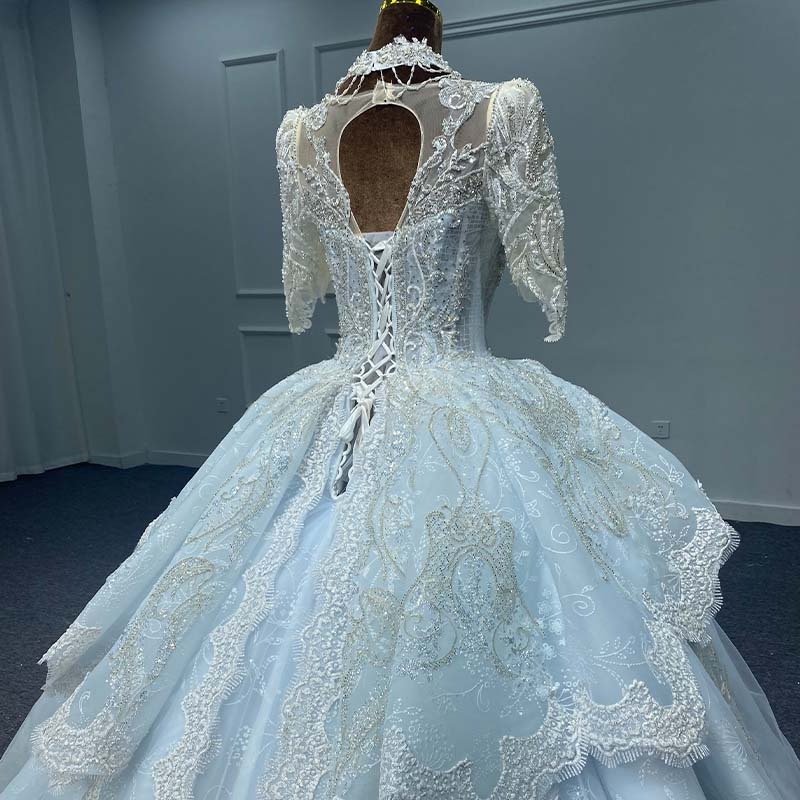 Jancember MN157 New Design Ball Gown Lace Luxury Embroidery Sweetheart Neck Fashion Light Blue Wedding Dresses