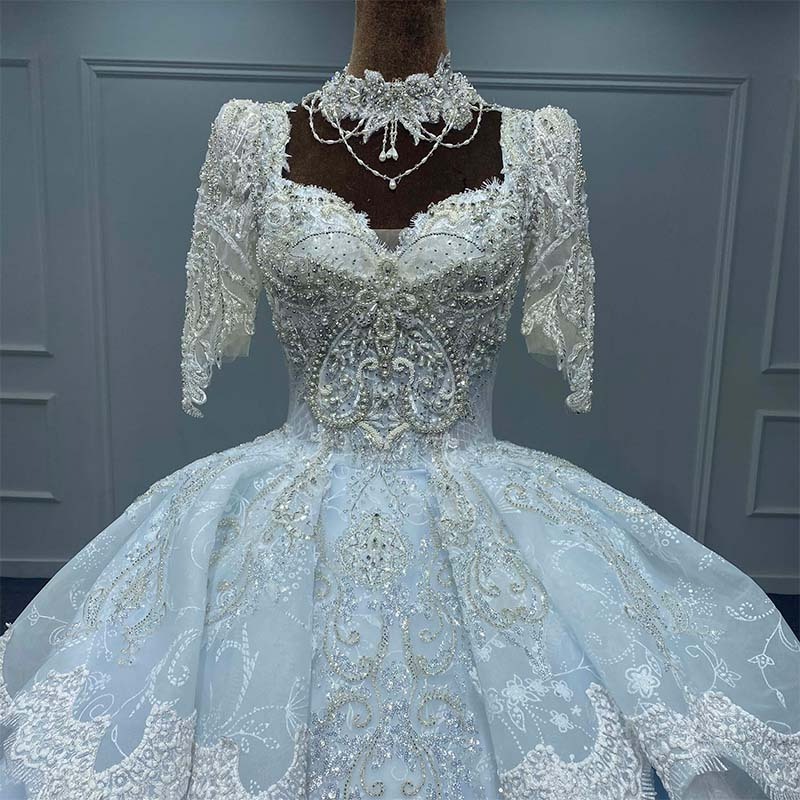 Jancember MN157 New Design Ball Gown Lace Luxury Embroidery Sweetheart Neck Fashion Light Blue Wedding Dresses