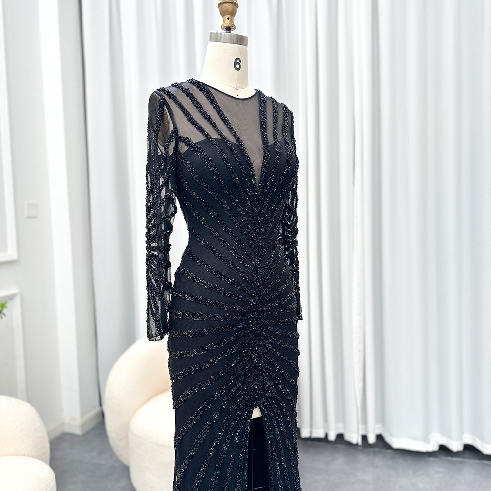 Luxury Black Mermaid Long Sleeve Arabic Evening Dress For Women Party Front Split Dubai Graduation Prom Dress Sz113-2