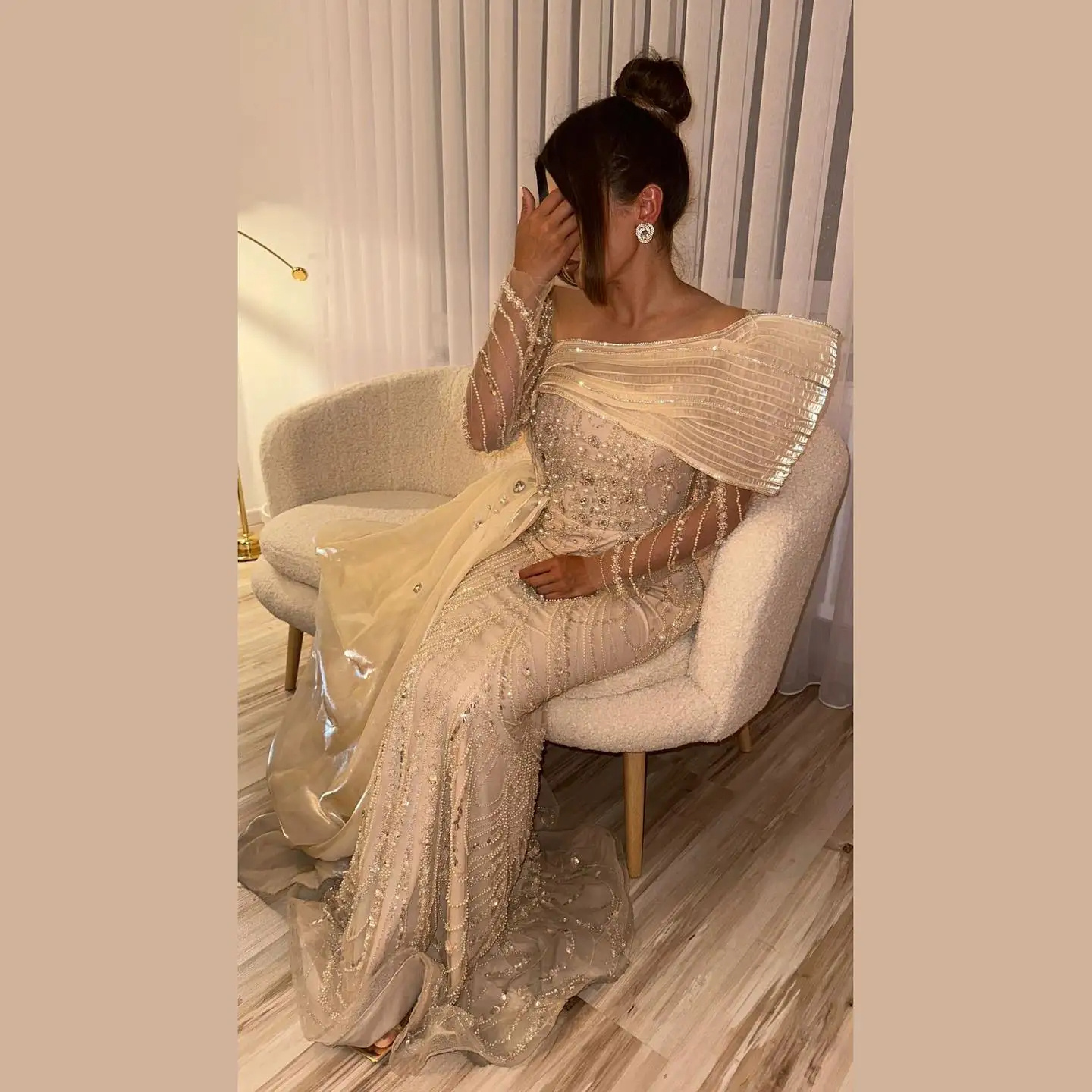 Luxury Nude Crystal Mermaid Evening Dress with Overskirt Long Sleeves Dubai Arabic Wedding Formal Prom Gowns SZ256-2