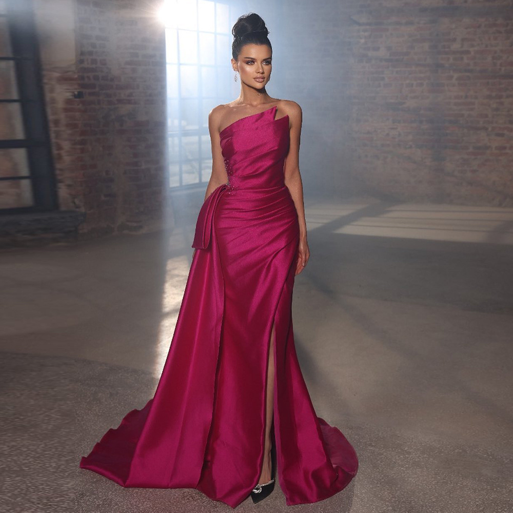 Elegant Mermaid Long Fuchsia Evening Dresses 2023 Arabic Overskirt Side Slit Women Wedding Formal Party Gowns SCZ191-2