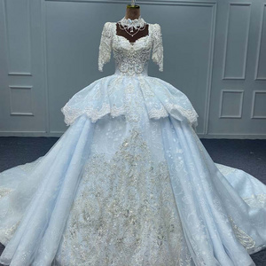 Jancember MN157 New Design Ball Gown Lace Luxury Embroidery Sweetheart Neck Fashion Light Blue Wedding Dresses