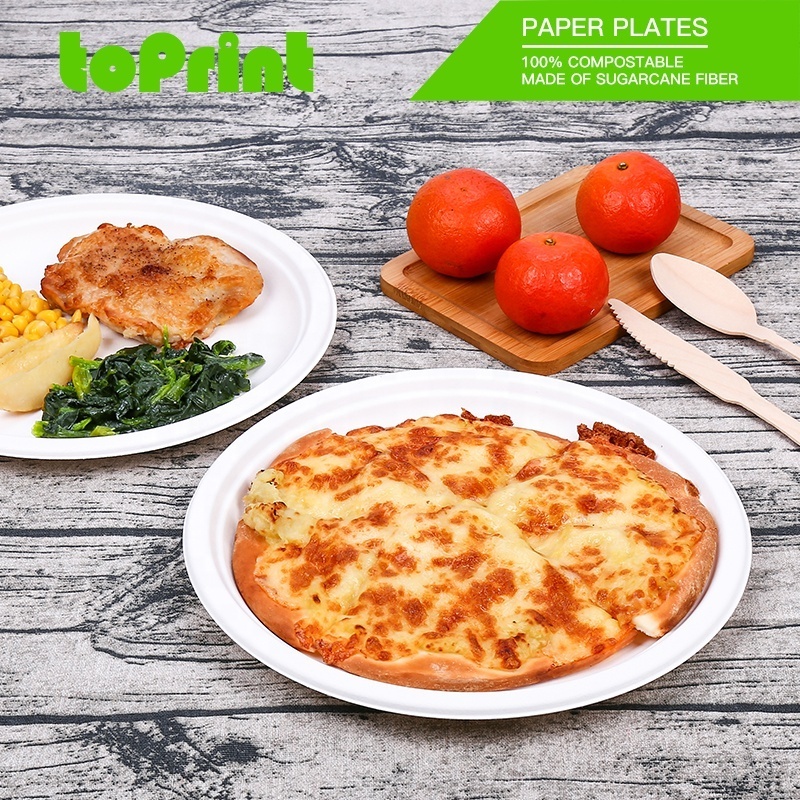 eco-friendly compostable 7/8/9/10 Inch sugarcane round white disposable heavy duty paper plates for restaurant