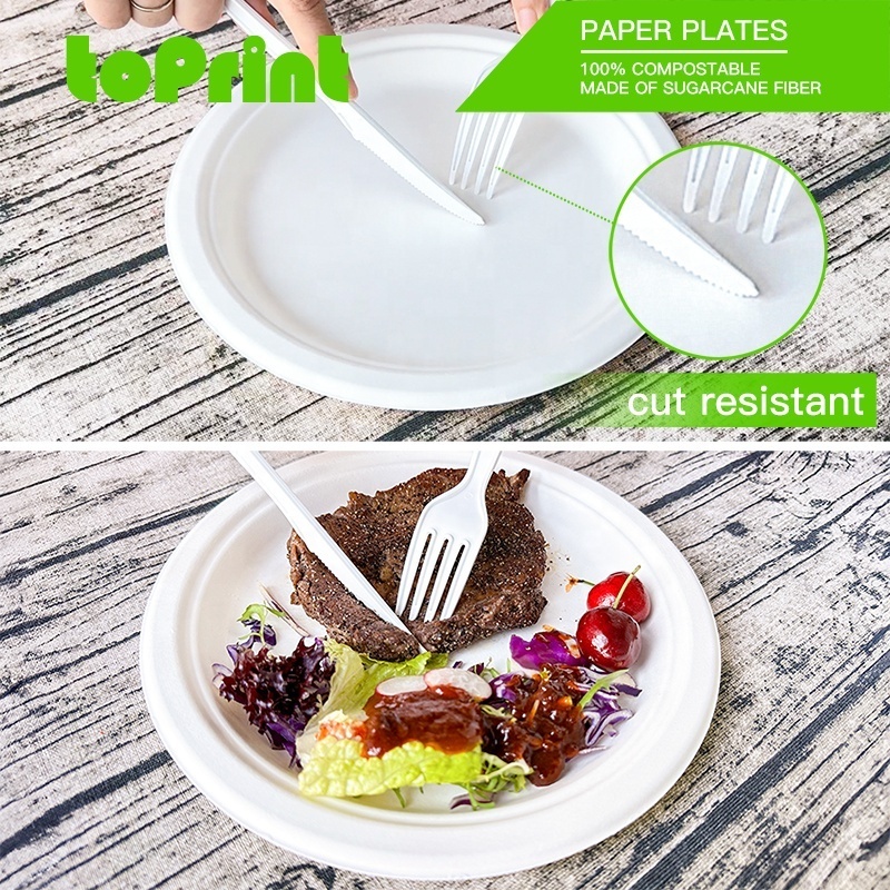 eco-friendly compostable 7/8/9/10 Inch sugarcane round white disposable heavy duty paper plates for restaurant