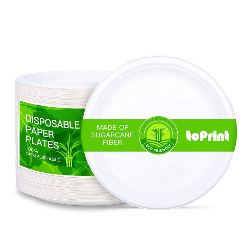 eco-friendly compostable 7/8/9/10 Inch sugarcane round white disposable heavy duty paper plates for restaurant