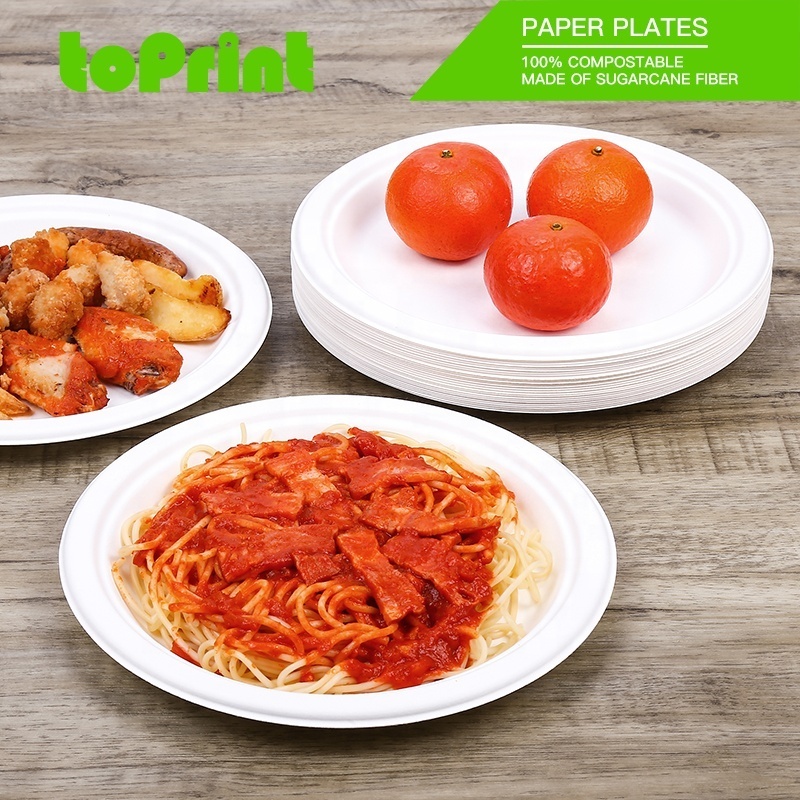 eco-friendly compostable 7/8/9/10 Inch sugarcane round white disposable heavy duty paper plates for restaurant