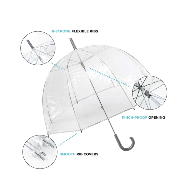 Custom Logo Printing Women Clear PVC 8K Bubble Umbrella With Easy Grip Handle