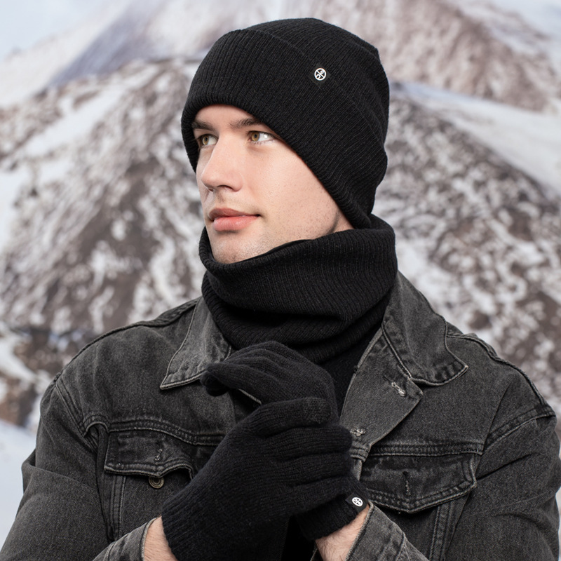 Custom Logo Wool Knitted Scarf Beanie Hat Gloves Set Men Women's Winter Warm Adult Soft Stretch Hat Scarf Mitten 3 sets