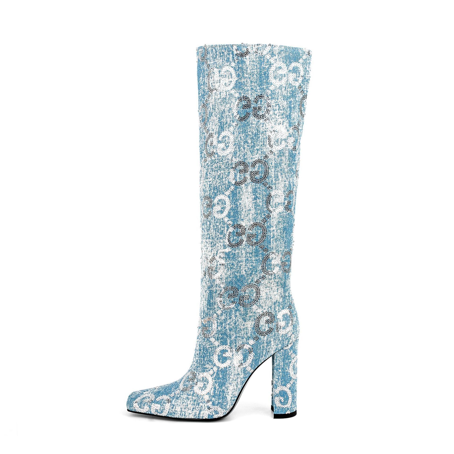 2024 Autumn Winter Sequins Letters Denim Patchwork Outdoor Shopping Dating warm chunky heel long Knee Boots