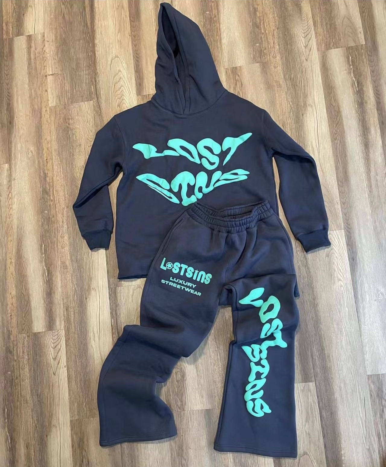 Raw Hem Hoodies And Flared Stacked Sweatpants Two Piece Tracksuit Set Custom Cotton 3D Puff Print Women Unisex Sweatsuit Men