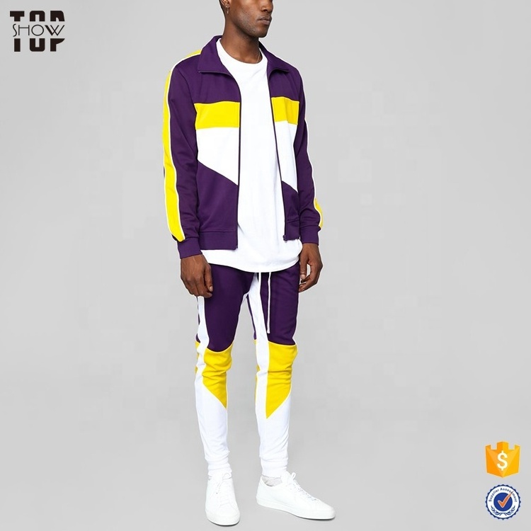 China supplier custom fashion track suit tracksuit color block purple tracksuit for men