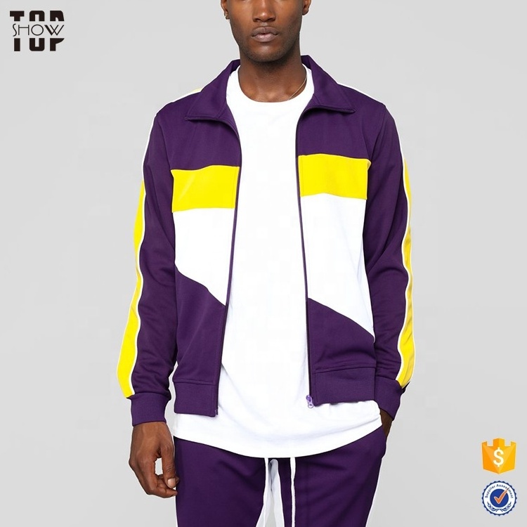 China supplier custom fashion track suit tracksuit color block purple tracksuit for men